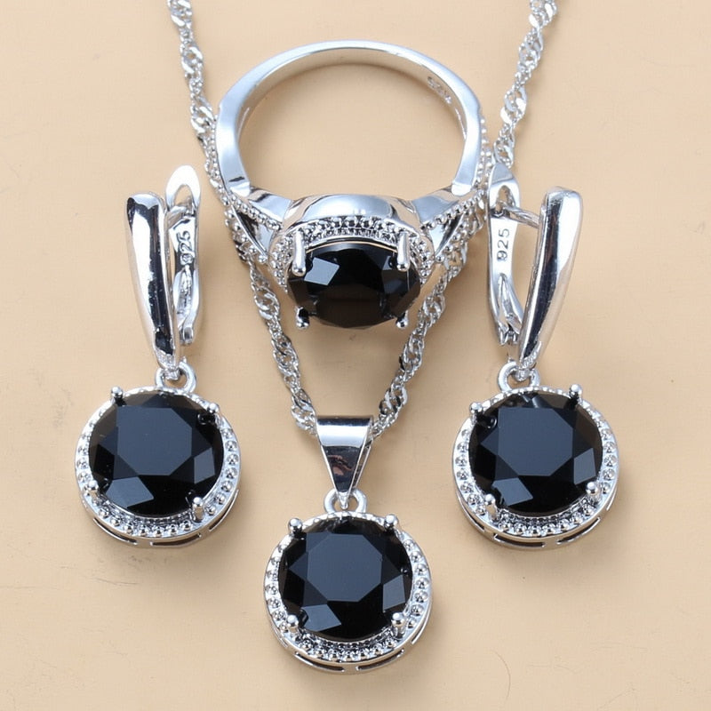 925 Silver Wedding Jewelry Set Black Zircon Dangle Earrings/ Necklace/ Ring 3 piece Set