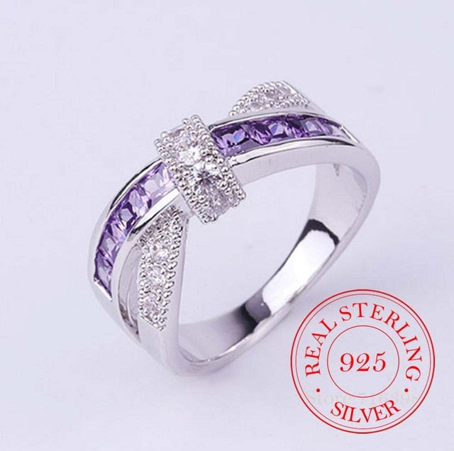 925 Sterling Silver Purple Crystal Anel De Prata Bijoux Ring