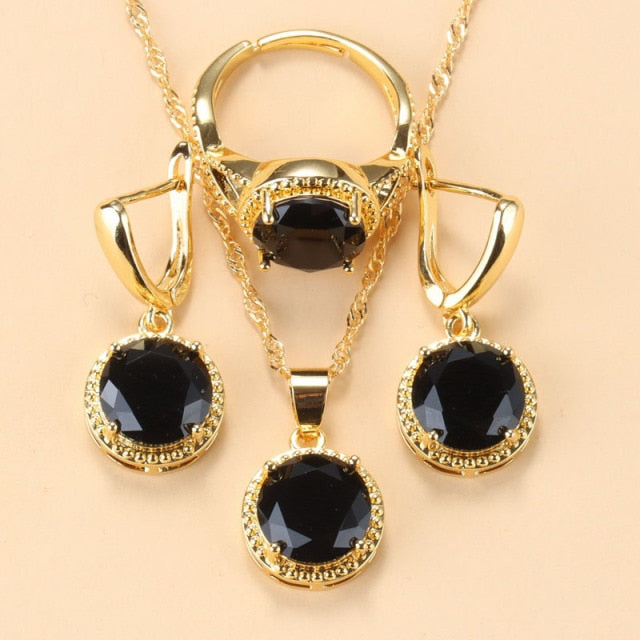 925 Silver Wedding Jewelry Set Black Zircon Dangle Earrings/ Necklace/ Ring 3 piece Set