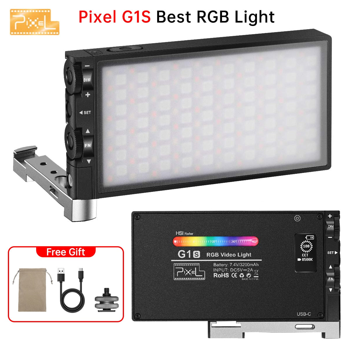 Pixel G1s RGB Video Light Built-in 12W Rechargeable Battery LED Camera Light 360° Full Color 12 Common Light Effects Lamp