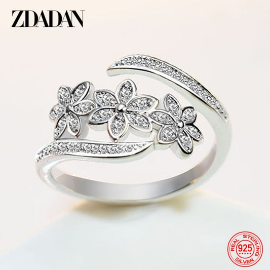 925 Sterling Silver Adjustable CZ Flowers Ring